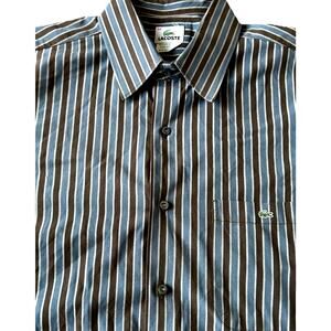 LACOSTE Striped Dress Shirt Long Sleeve Brown Blue Preppy Nautical XL 44
